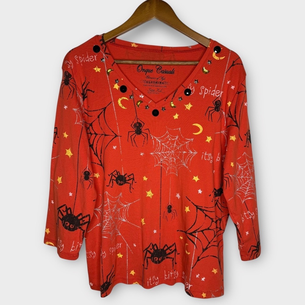 Itsy Bitsy Spider Halloween Whimsigoth Shirt Embellished‎ Gems Metallic Webs XL